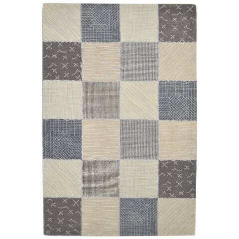 One of a Kind Hand-Tufted Modern & Contemporary 5' x 8' Geometric Wool Beige Rug - 5'1"x8'0"