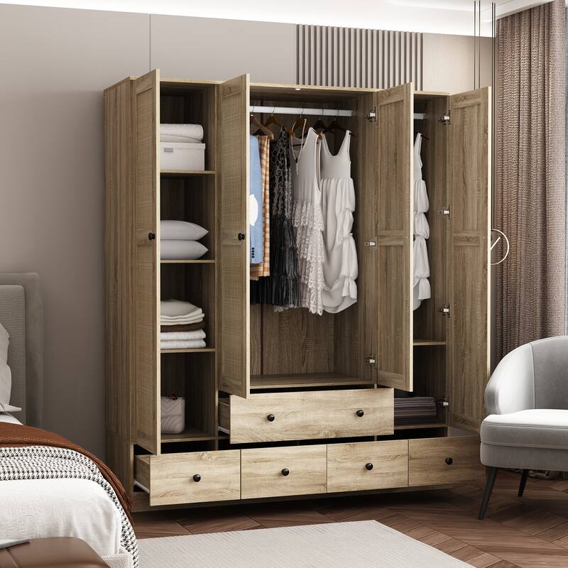 Large Storage Wardrobe Versatile Rattan Door Closet with Deep Drawers
