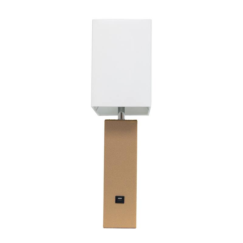 Modern Leather Table Lamp with USB and White Fabric Shade