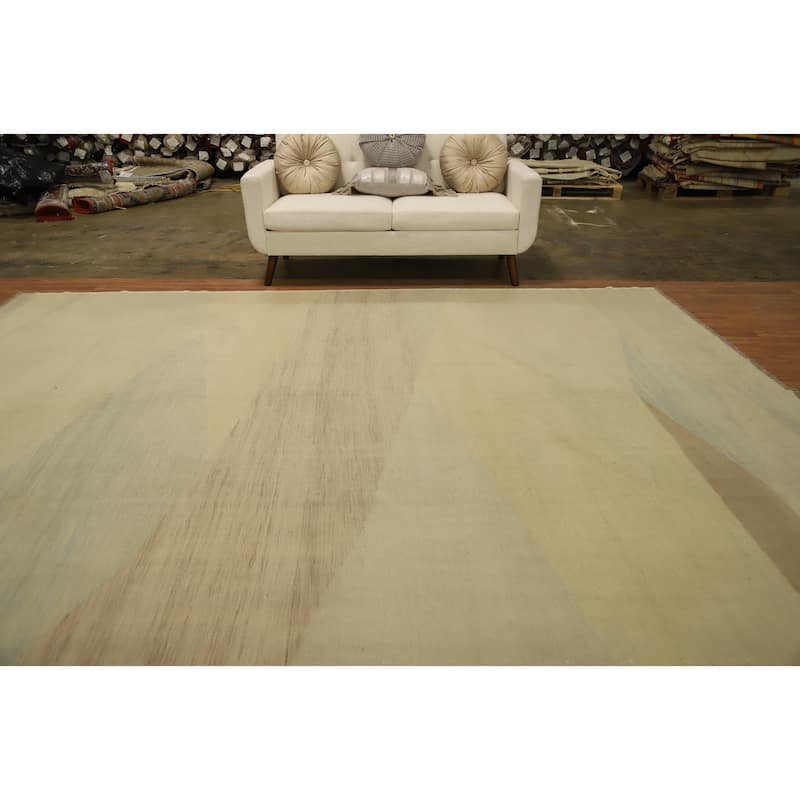 Hand Woven Oriental 100% Wool Carpet Southwestern Modern Beige & Ivories Kilim Area Rug - 11' 9'' X 9' 0''