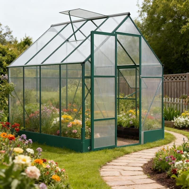GDFStudio - Outdoor 8'x6' Aluminum Frame Walk-In Polycarbonate Greenhouse with Auto Roof Vent & Rain Gutter - Green