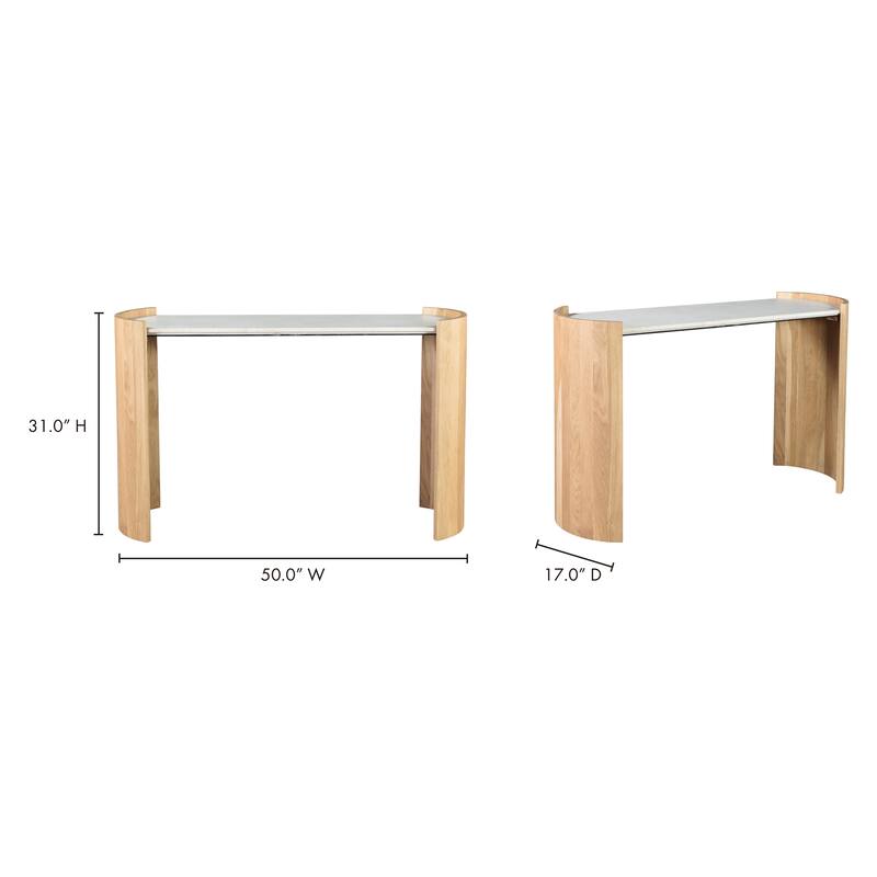 NADAAL STUDIOS Crest Console Table, Banswara White Marble Top, Oak Veneer Base, Natural Finish