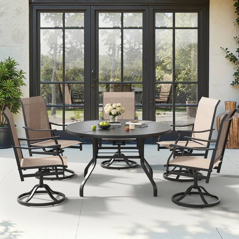 Round Outdoor Patio Dining Table, 47" Round Patio Table Wood-Like Grain with 1.57" Umbrella Hole, Metal Outdoor Dining Tables