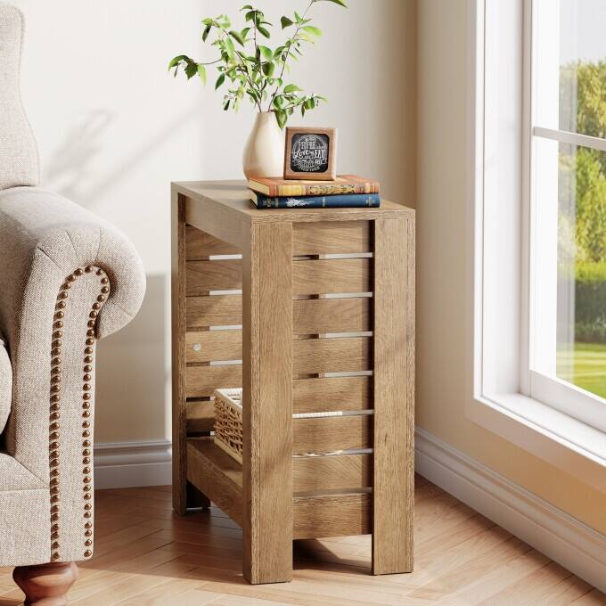 2-Tier Narrow End Table, Wooden Side Table For Living Room, Bedroom - 1PC