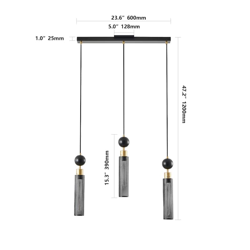 Modern Black and Gold 3-Light Adjustable Pendant Light with Cylindrical Mesh Shades, E26 Base, for Dining Room and Living Room