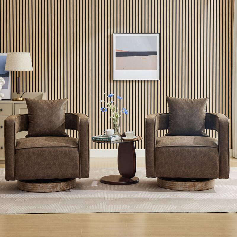 Modern Swivel Chair,PU leather Barrel Chair with Wooden Base and pillow
