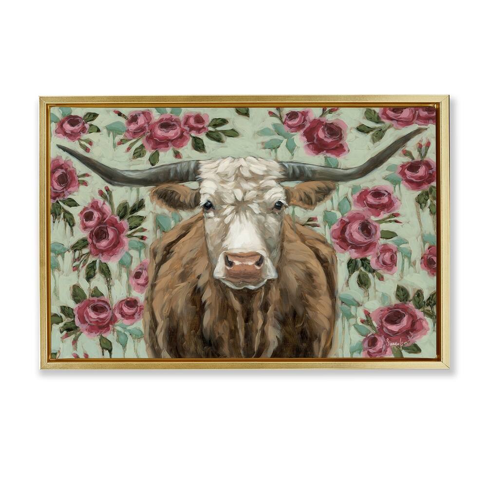 Stupell Longhorn with Magenta Blooms Framed Floater Canvas Wall Art Design By Sara G. Designs