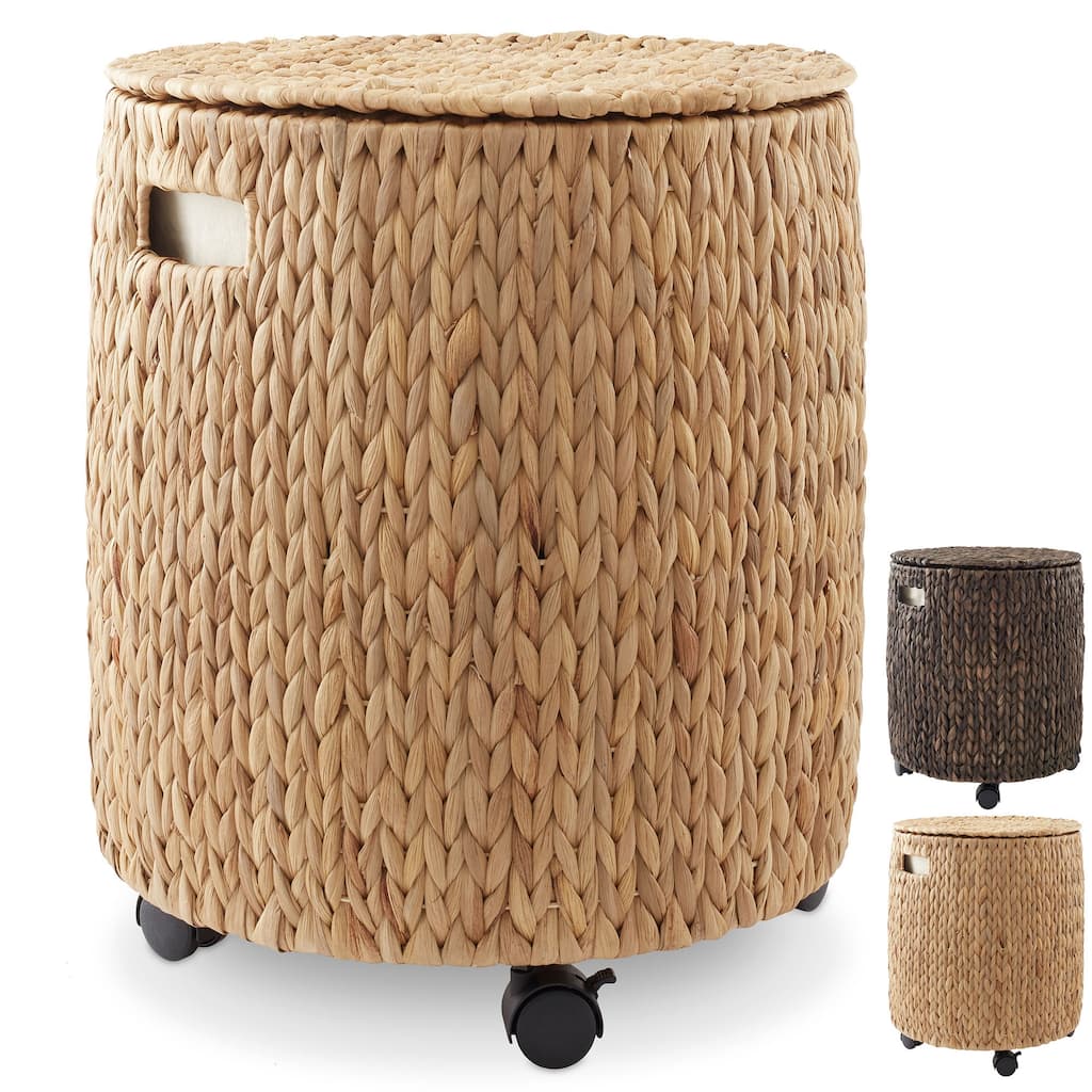 Rolling Storage Basket with Lid and Locking Wheels Hyacinth Wicker