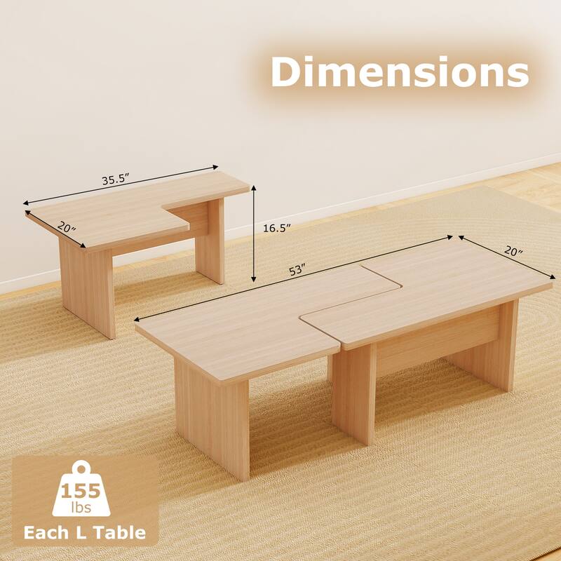 Modular Coffee Table Set of 2 L Shaped Nesting Tables Convertible Center Table for Living Room or Office - 35.5" x 20" x 16.5"