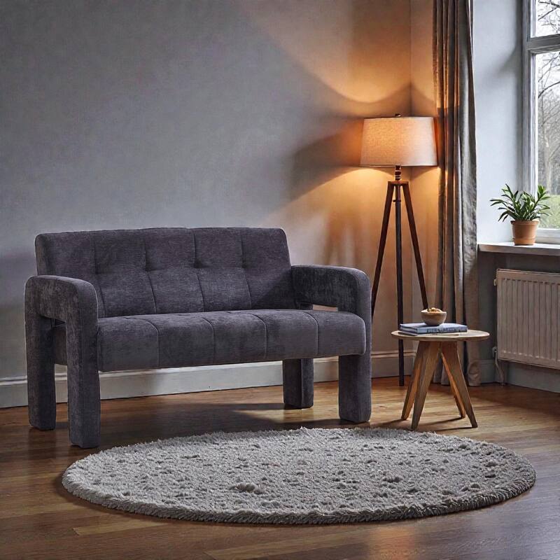 Modern Double Armchair Upholstered 2-Seater Sofa with Dual Armrests, Chenille Fabric Compact Couch for Living Room - Black