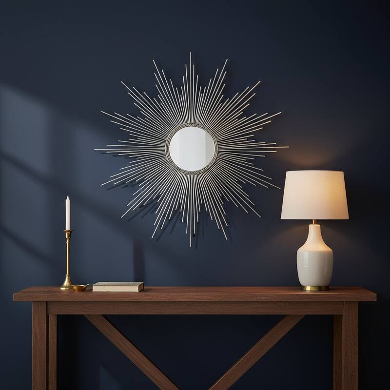 HomeRoots 32" Silver Metal Sunburst Geometric Framed Accent Mirror - 32.00 in. x 32.00 in. x 1.00 in. - 32.00 in. x 32.00 in.  x 1.00 in.