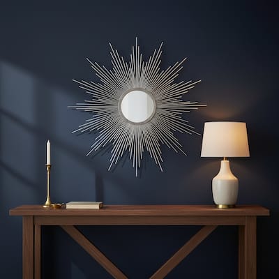 HomeRoots 32" Silver Metal Sunburst Geometric Framed Accent Mirror - 32.00 in. x 32.00 in. x 1.00 in.