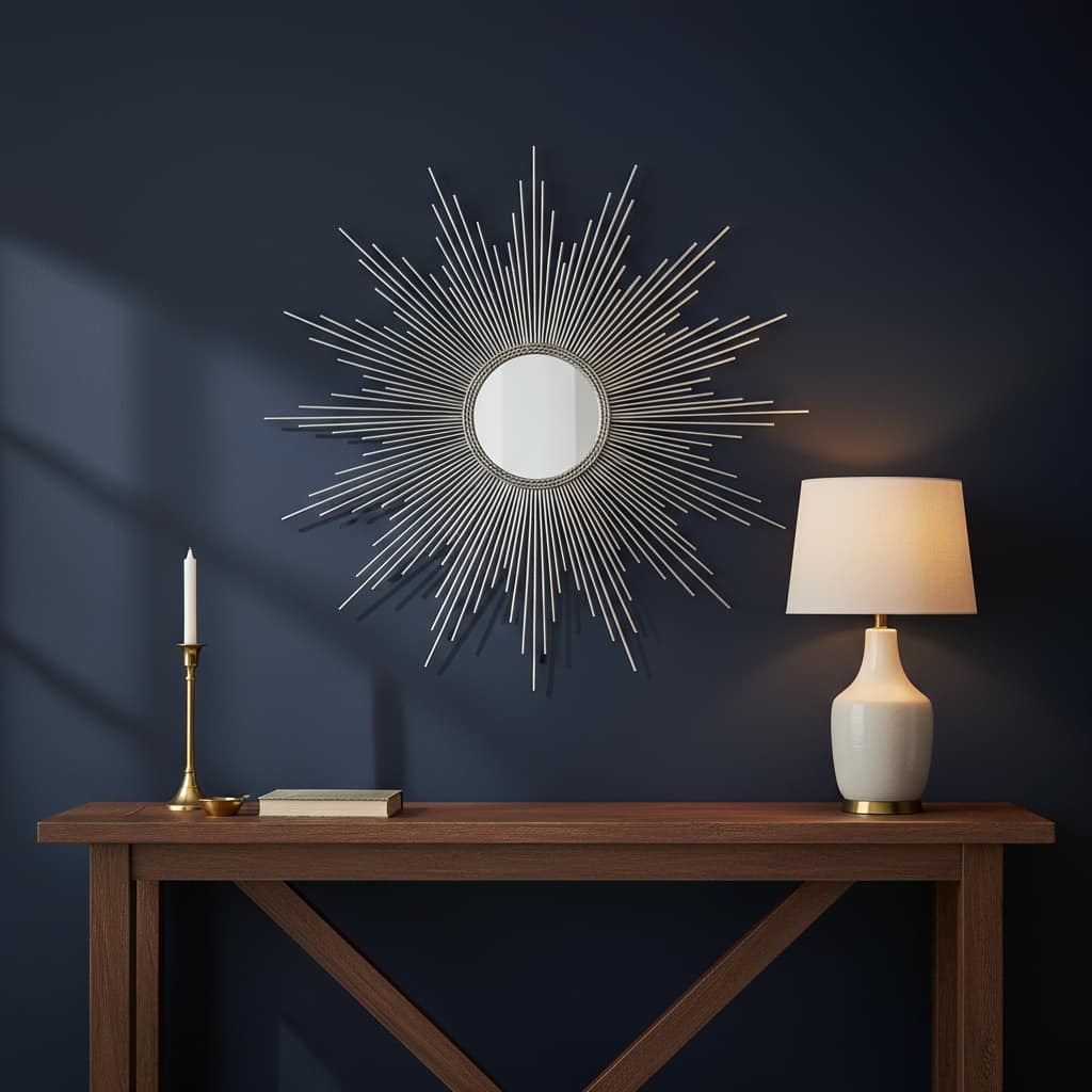 HomeRoots 32" Silver Metal Sunburst Geometric Framed Accent Mirror - 32.00 in. x 32.00 in. x 1.00 in.