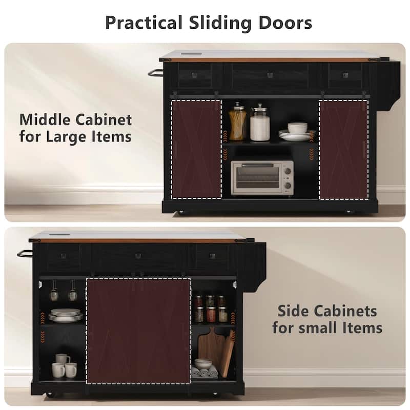 58" Farmhouse Kitchen Island with Sliding Barn Door, Drop Leaf & Storage, Mobile on 5 Wheels