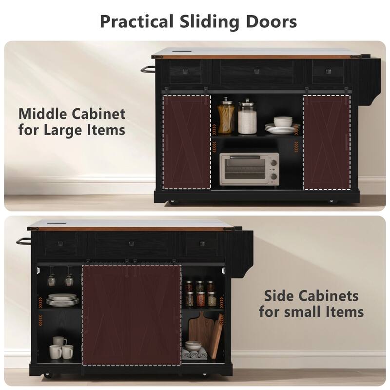 Rolling Kitchen Island Storage Table on 5 Wheels with Sliding Barn Door, Metal Grid Door, Spice Rack, Glass Holders, Drop Leaf