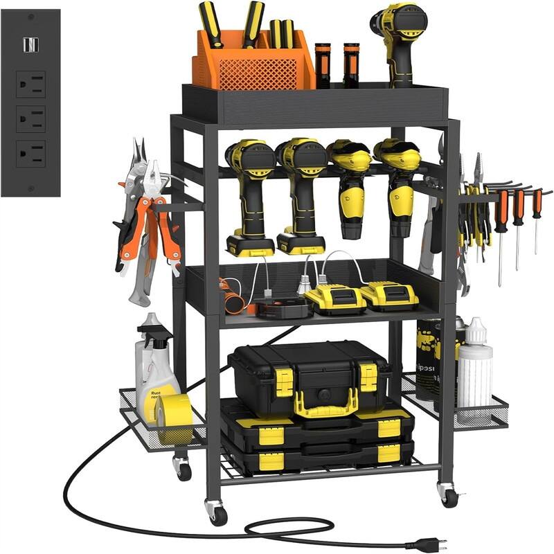 Power Tool Organizer Storage Cart with Charging Station and Wheels - 11.8"D x 16.5"W x 33.9"H