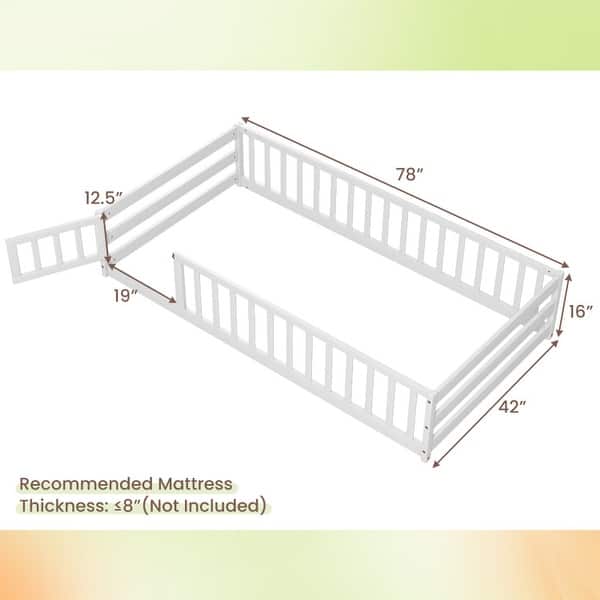 dimension image slide 3 of 4, Twin Size Kids Wood Montessori Floor Bed with Door and Fence