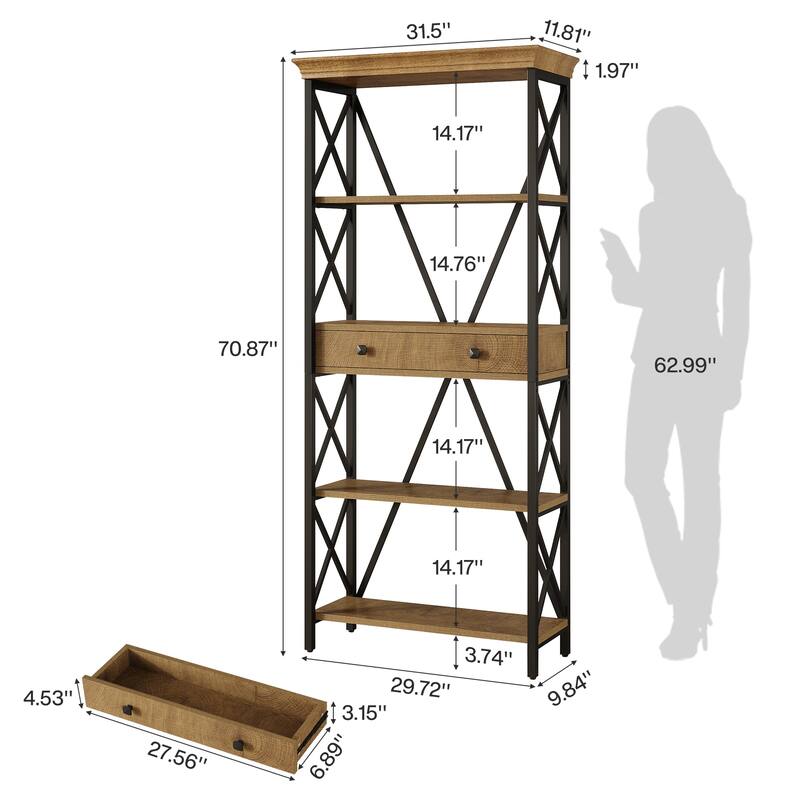 70.9" Tall Bookshelf with Drawers, Wood Metal Bookcase with Storage