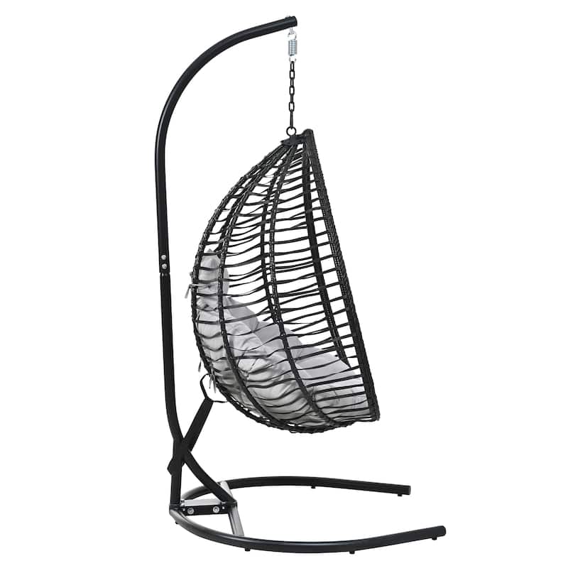 Hanging Hammock Chair with Stand, Foldable Rattan Egg Swing Chair with Iron Frame and Plush Cushion & Removable Headrest
