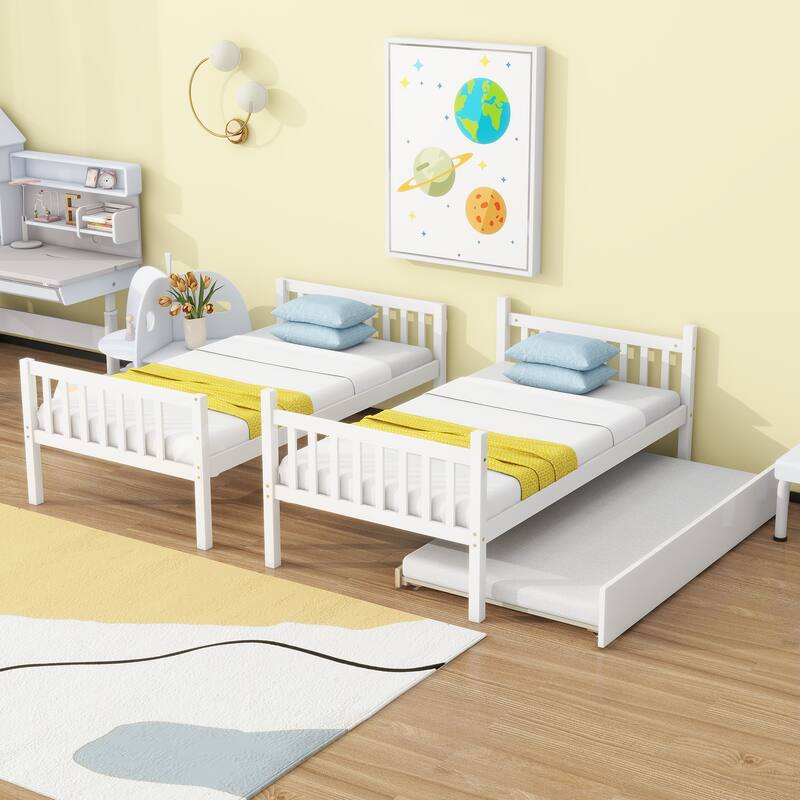 Convertible Twin Over Twin Bunk Bed with Trundle, White Rubber Wood, Safety Guardrails, and Ladder