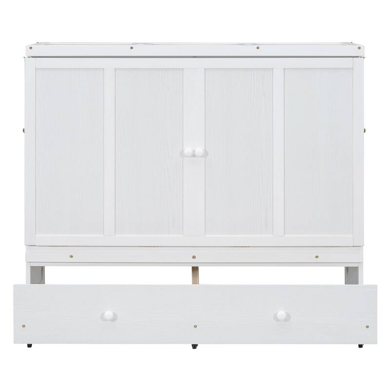 Space-Saving White Full Size Murphy Bed with USB Ports and Large Storage Drawer