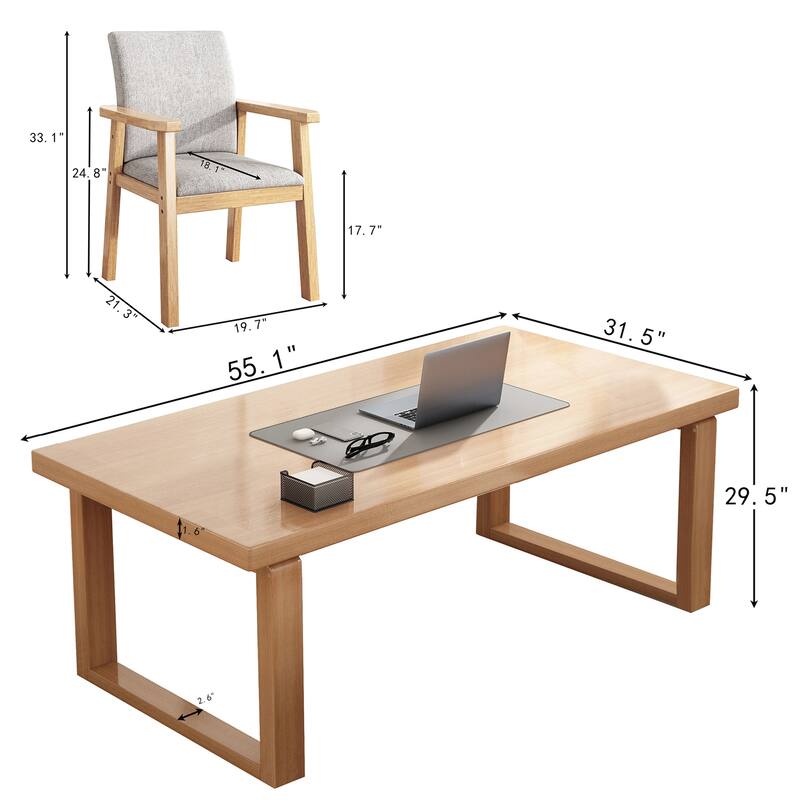 Double Computer Desk with 2 Chairs, Two Person Desk Workstation for Home Office, Natural