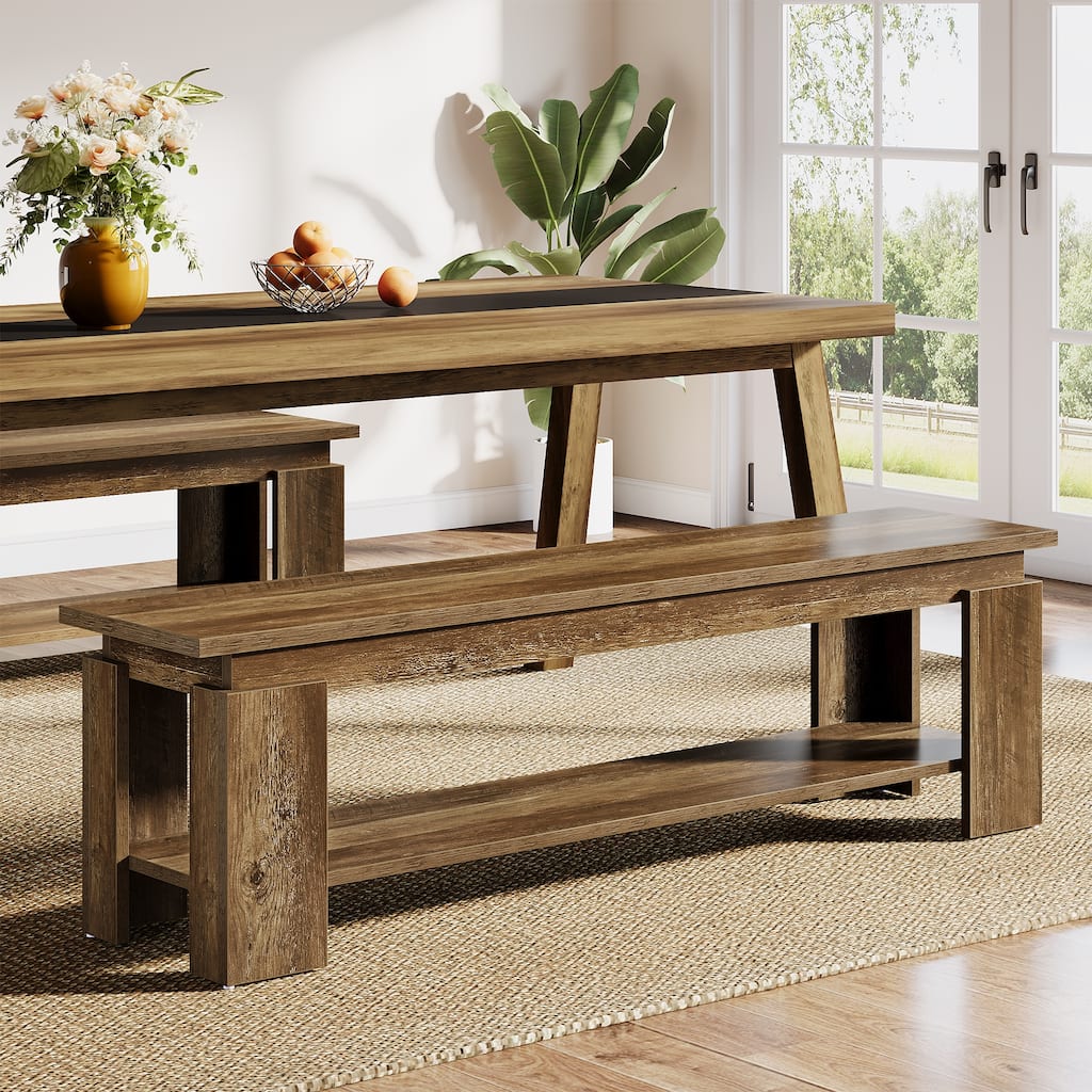 63-Inch Dining Bench for 2-3, Farmhouse Wooden Bench with Storage Shelf for Kitchen & Dining Room