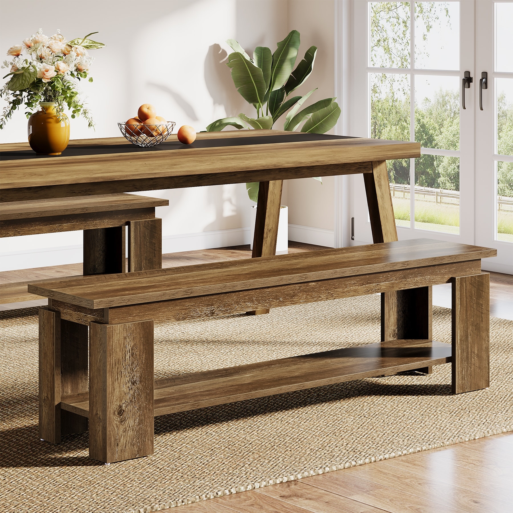 63-Inch Dining Bench for 2-3, Farmhouse Wooden Bench with Storage Shelf for Kitchen & Dining Room