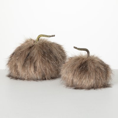 8.25"H and 6.5"H Sullivans Plush Fur Pumpkin - Set of 2, Fall Decor, Gray - 7"L x 7"W x 6.5"H, 9"L x 9"W x 8.25"H