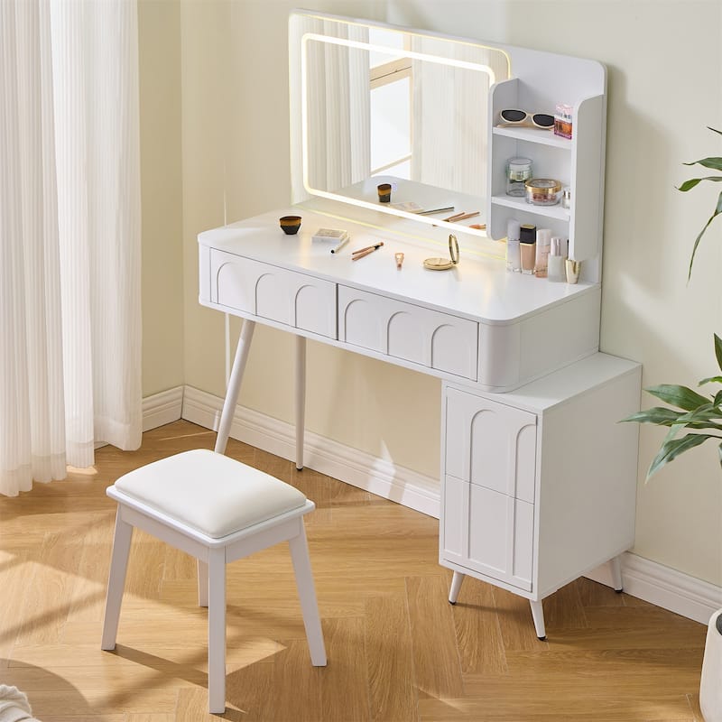 Modern 3 Colors LED Makeup Vanity Desk with Mirror, 4 Drawers and Stool
