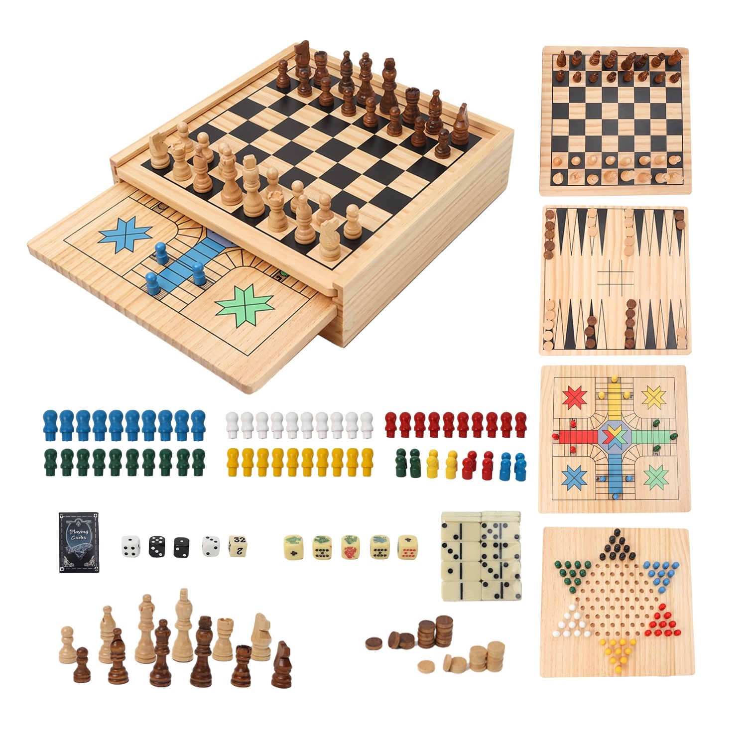 Family 10 Classic Game Set Wood Cabinet Chess Checkers Backgammon Dice