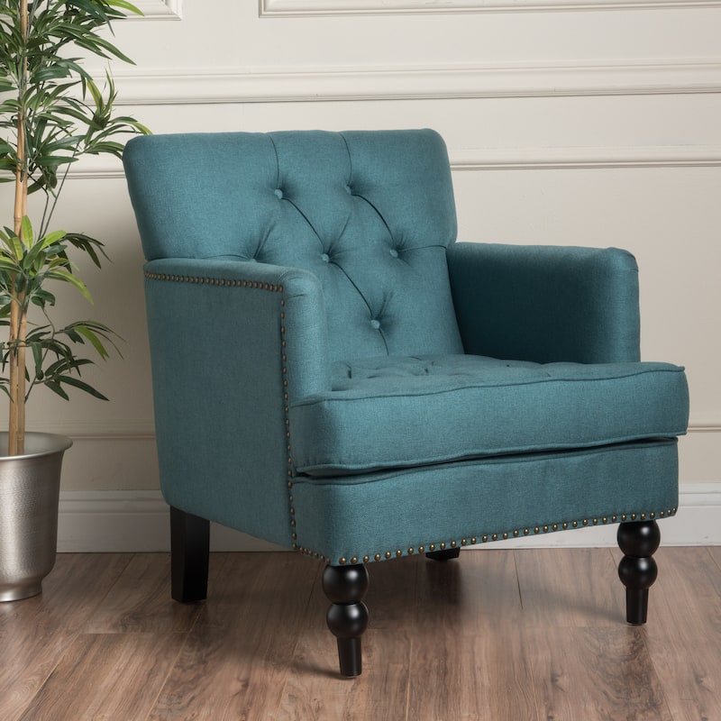 Teal Modern 28" Upholstered Button Tufted Club Chair with Rubber Wood Legs and Nailheads