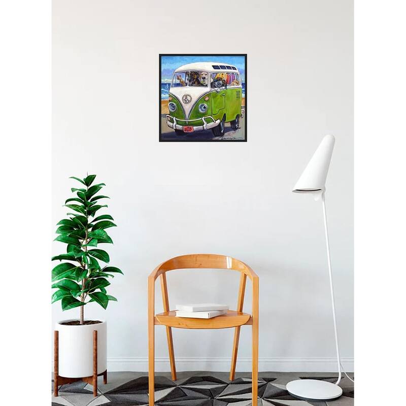Hang Loose Dogs Go for a Ride VW Van Framed Poster - 24 x 24 Inch