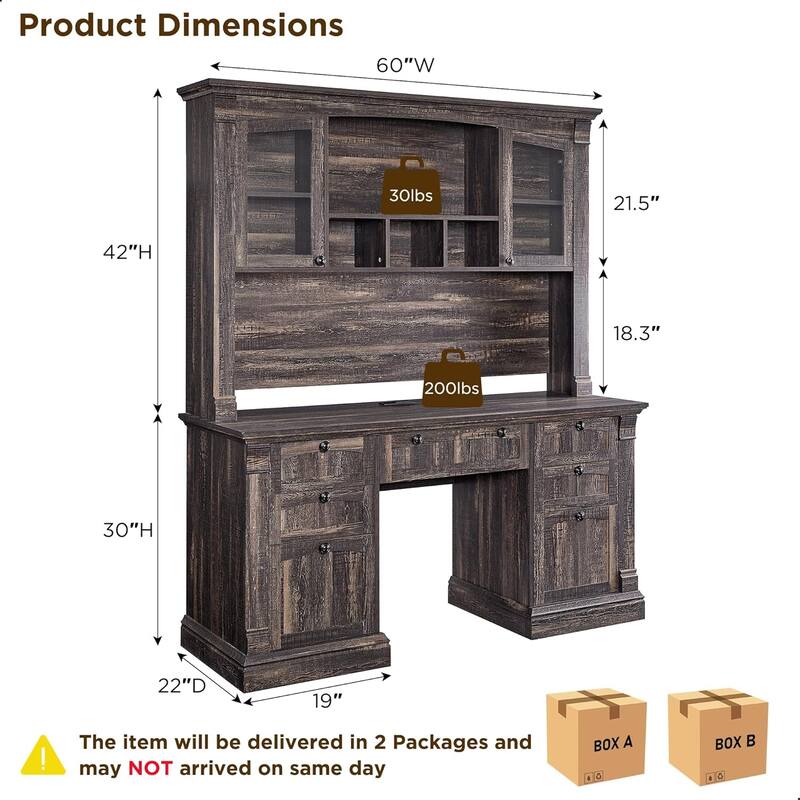 Farmhouse Computer Desk with Hutch, Wood Home Office Desk