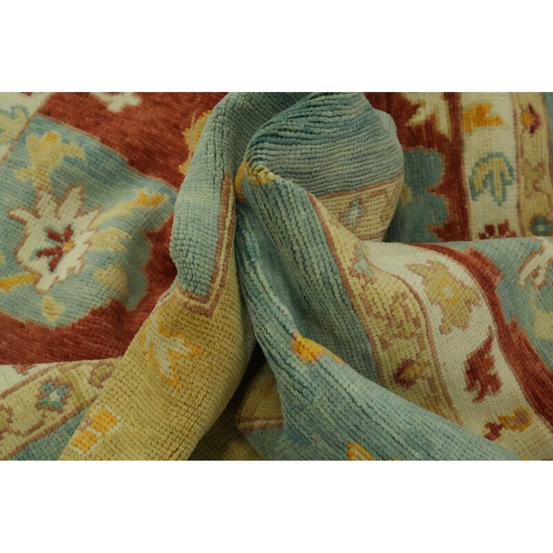 Handmade Blue Oushak Vegetable Dye Area Rug, Medallion Geometric Carpet - 13' 5'' X 10' 2''