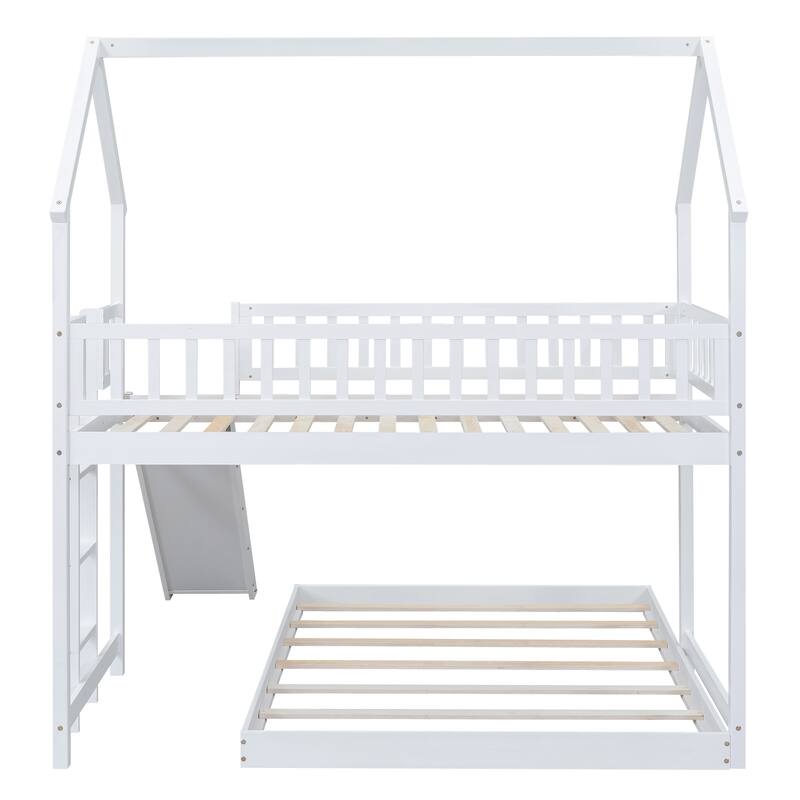 Twin Over Full House Bunk Bed with Slide and Built-in Ladder, Full-Length Guardrails