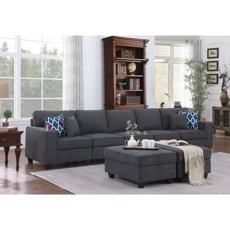 Woven Upholstered 5-Seater Sofa with 2 Ottomans in Stone Gray