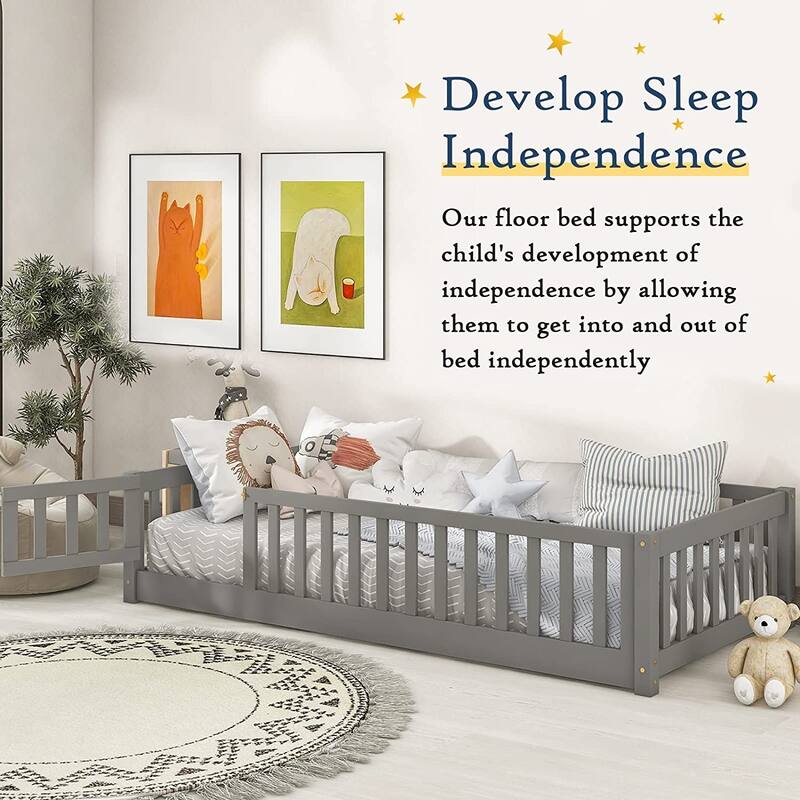 Twin/Full/Queen Size Floor Bed with Safety Guardrails, Toddler Floor Bed for Girls and Boys