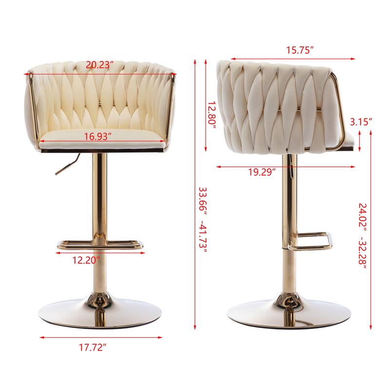 Set of 2 Bar Stools,with Chrome Footrest and Base Swivel Height Adjustable Mechanical Lifting Velvet + Golden Leg