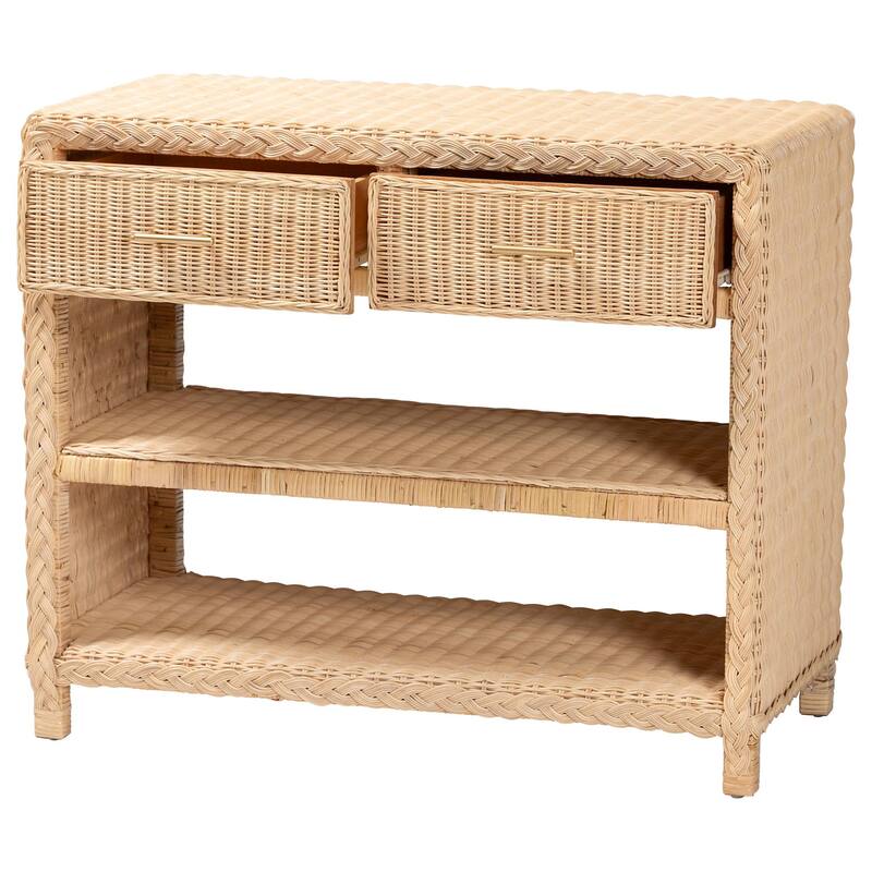 Lanica Braided Natural Rattan Console Table with Drawers and Shelves – Coastal Style Cabinet for Entryway or Living Room