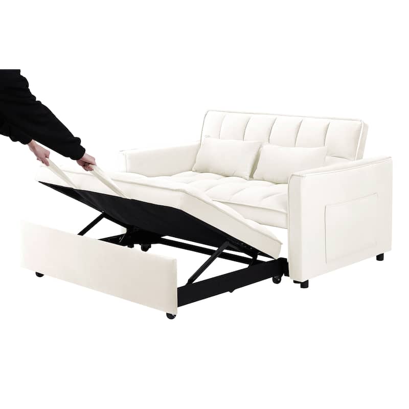 Beige+White Modern 55.1" 3 in 1 Convertible Loveseat Sofa Bed with Adjustable Back and Storage Bag for Living Room