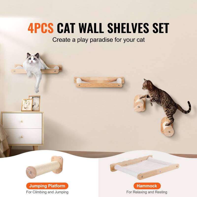 Oak Cat Wall Shelf with Hammocks & Jump Posts, Space-Saving Design