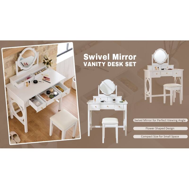 2-Piece Makeup Vanity Desk Set with PU Upholstered Stool, 5 Drawers Vanity Table Dressing Table with Swivel Vanity Mirror, White