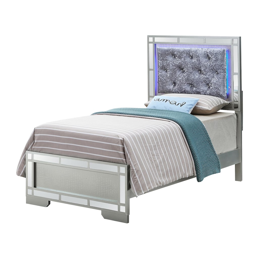 LED Lighted Velvet Tufted Twin Panel Bed - 79" - Silver Champange Finish