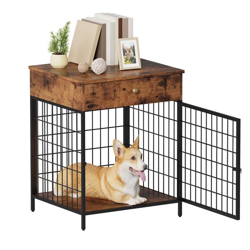 Wooden Dog Kennel Crate Furniture Side Table End Table with Drawer for Small Dogs
