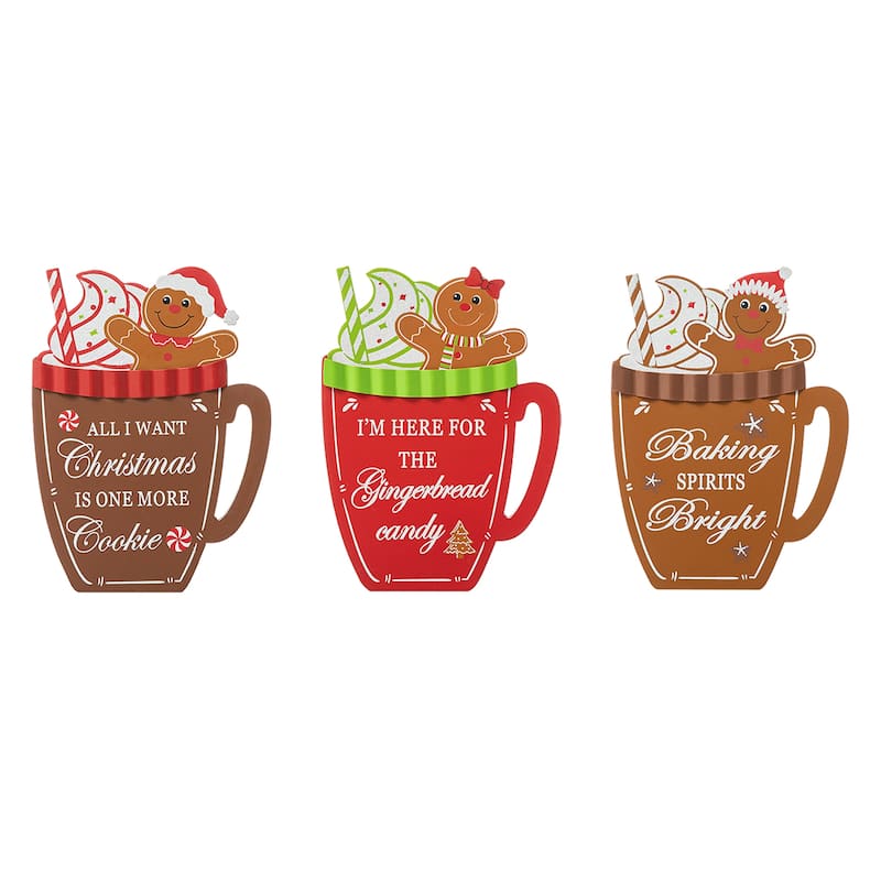 Glitzhome Set of 3 8"H Christmas Wooden Gingerbread Man Mug Table Decor - Multi