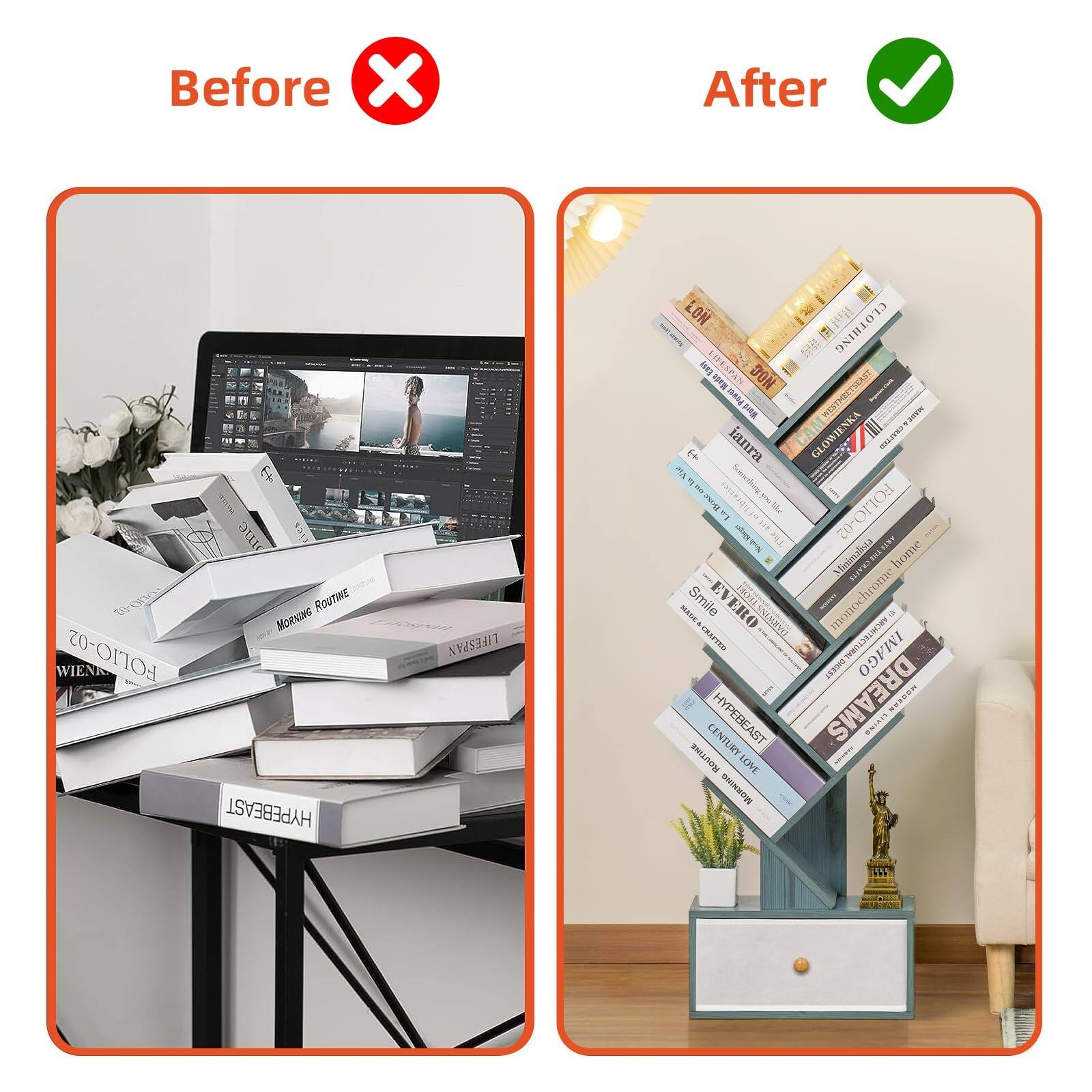 8 Tier Tree Bookshelf with Drawer, Free Standing Wood Bookcase for