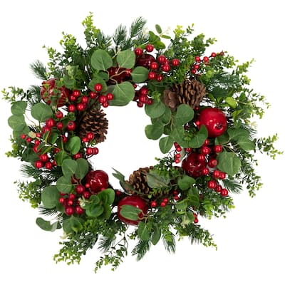 Crabapple and Berries Boxwood and Pine Artificial Christmas Wreath - 26" - Unlit