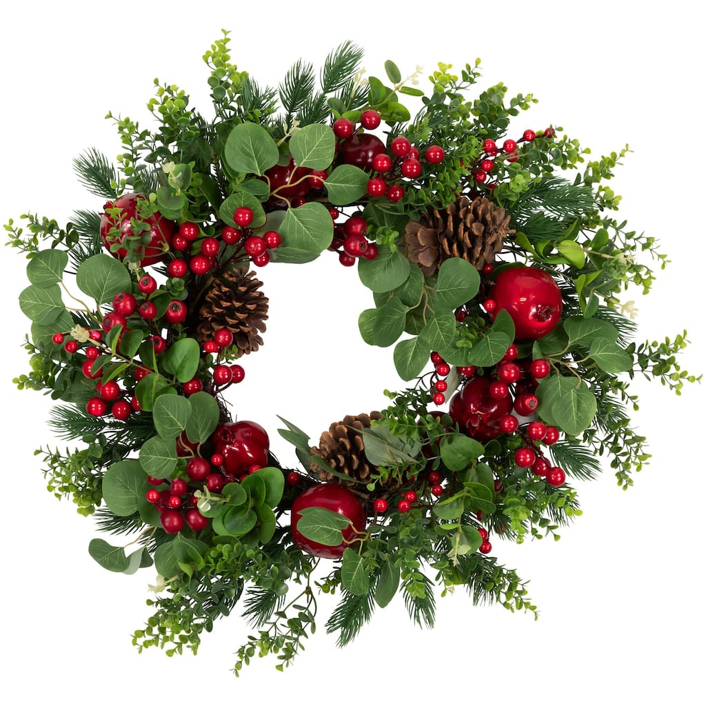 Crabapple Berries Boxwood Pine Artificial Christmas Wreath 26" Unlit