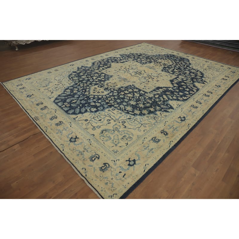 Hand Knotted Oriental 100% Wool Carpet Transitional Floral Navy Blue & Blues Oushak Area Rug - 12' 3'' X 9' 0''